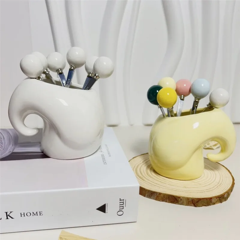 

Household Ceramic Fruit Fork Cake Dim Sum Fork Cream Breeze Small Elephant Ceramic 304 Stainless Steel Fruit Fork Colorful Cute