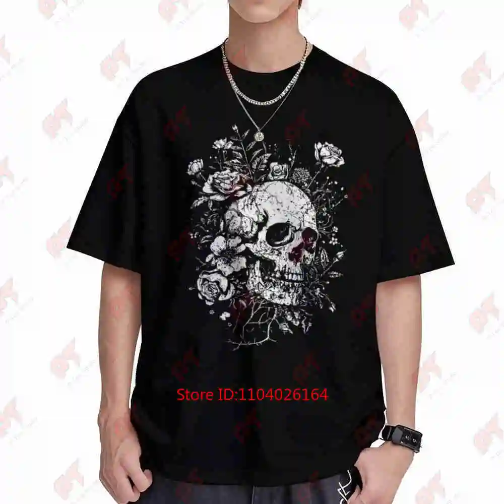 Gothic Skull Rose Floral Skeleton Linocut Witchy Goth Alternative Grunge Dark Aesthetic Short Sleeve Tee 100% Cotton T-Shirt