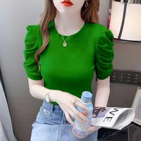 Tops de manga corta de burbuja de algodón para mujer, camiseta blanca de tendencia versátil, camisetas ajustadas informales de estilo coreano para mujer