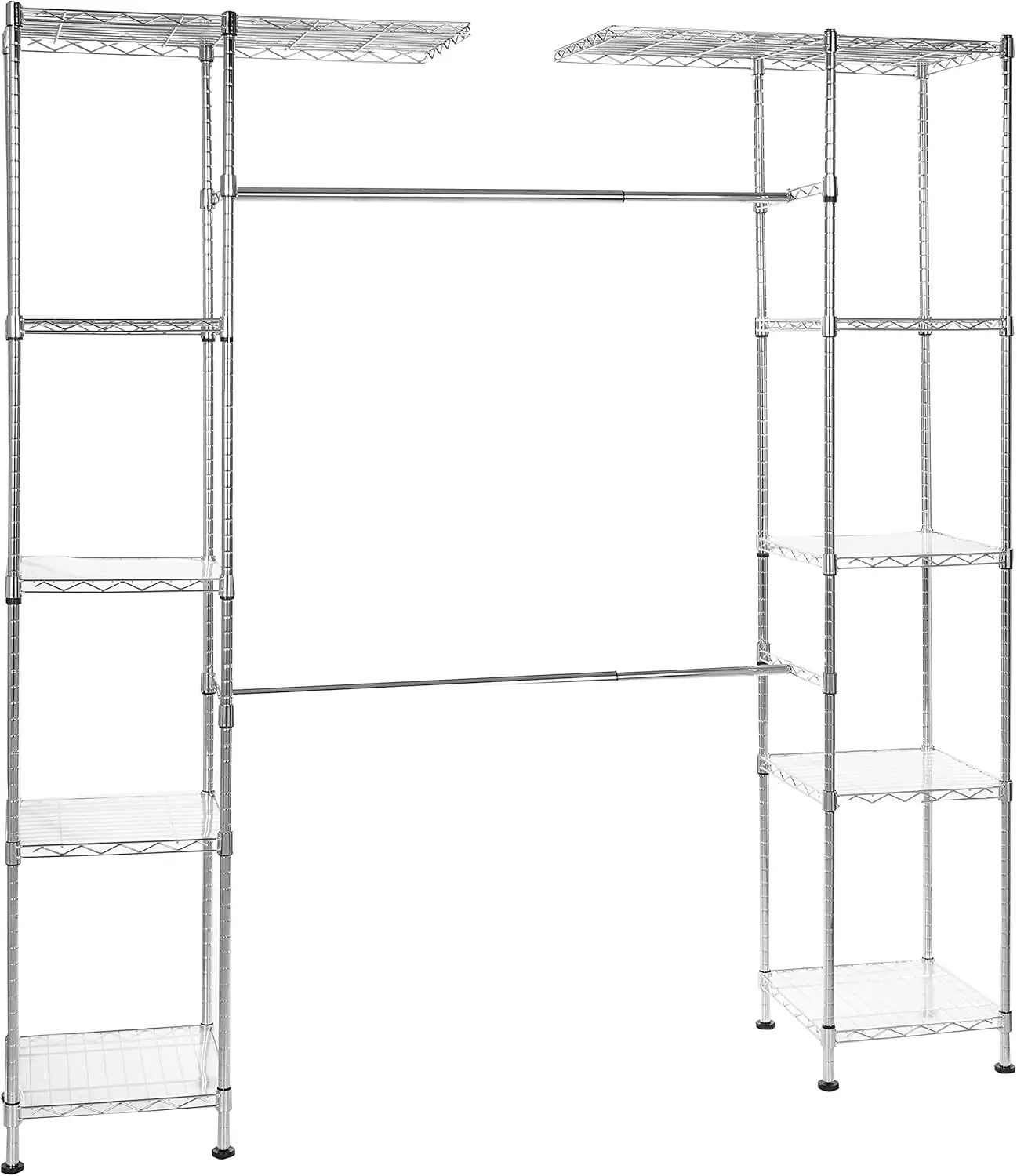 Expandable Metal Hanging Storage Organizer Rack Wardrobe with Shelves, 57-80 X 14 X 72 Inches (LxWxH) Chrome