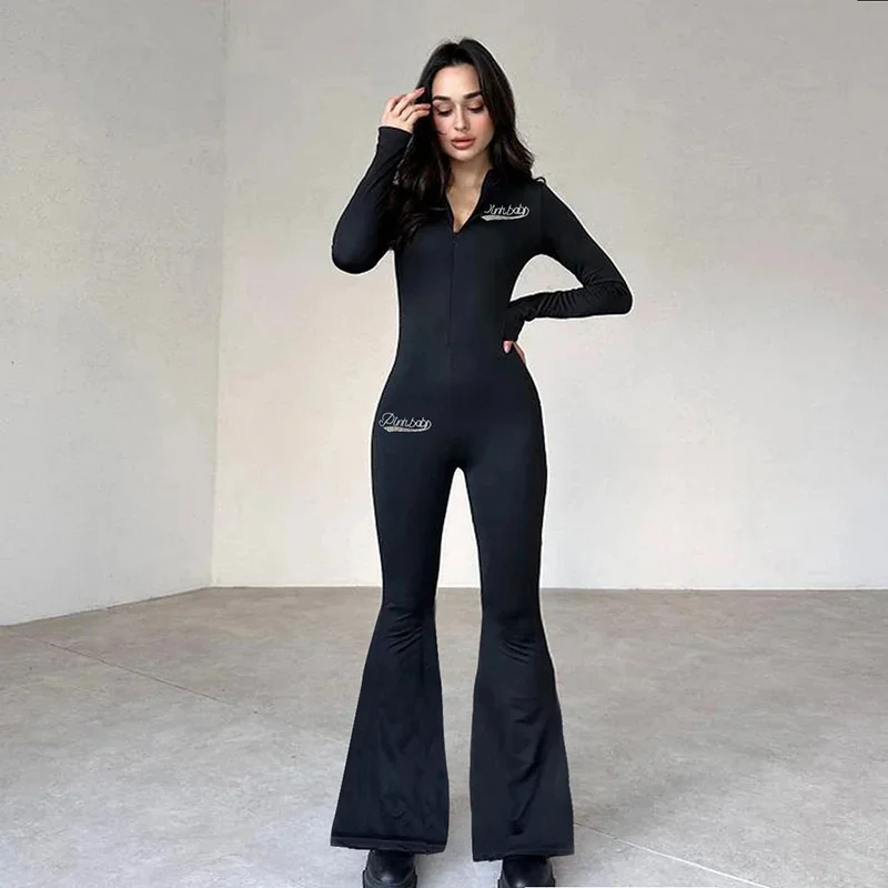 

2024 Autumn Winter Women's Deep V-neck Clothes Zipper Back Long Sleeve Hooded Slimming Yoga Sports Stretch Street Wear Jumpsuit