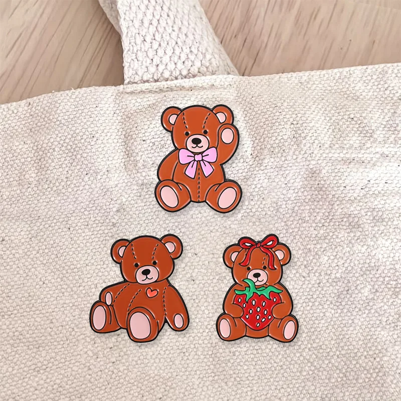 Cute Teddy Bear Strawberry Enamel Badges Set Brown Bear Bow Heart Alloy Brooches Lapel Backpack Jewelry Gifts For Girl Accessory