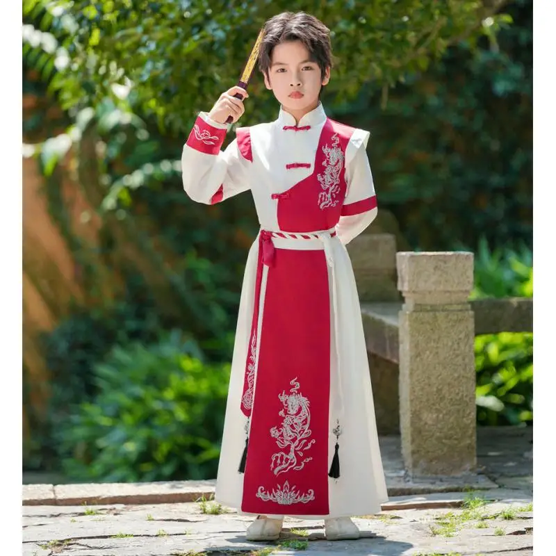 Retro Chinese Boys Traditional Knight-errant Style Perform Hanfu Stage Costume Kids Children Tang Suit Prince Swordsman Cosplay