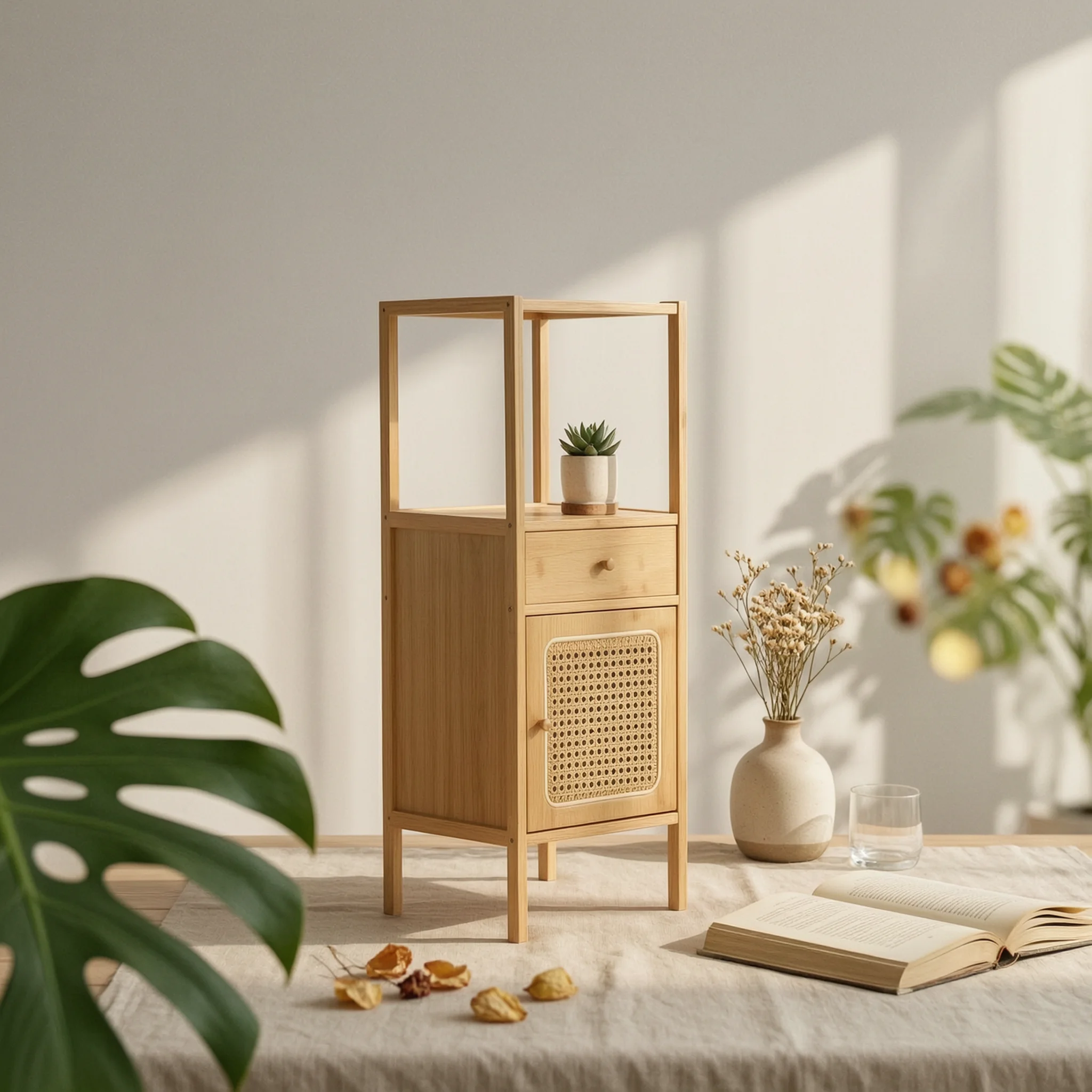Plant Stand with Cabinet Slim Plant Stand with Drawer Narrow Display Unit Bamboo-Style Furniture Sturdy for Living Room