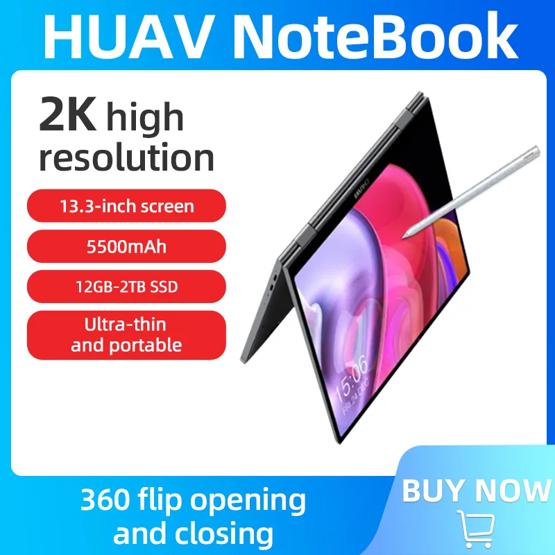 HUAV 2024 Original Laptop 13.3-inch 360% Flipped Ultra Light 2K Touch Screen 16G Running 2TSSD  Intel N4120 Windows 10 11 Laptop