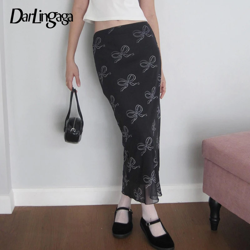 

Darlingaga Vintage Frill Bow Printed Mesh Skirt Women Y2K Aesthetic Ruched Slim Chic Party Long Skirt Double Layer Outfits Cute