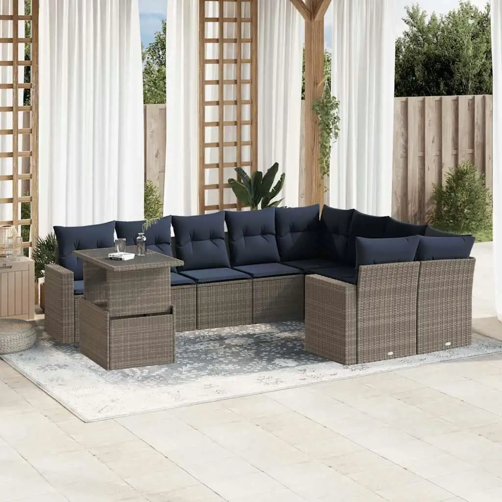 

10 Piece Gray Poly Rattan Patio Sofa Set with Soft Cushions Outdoor Furniture Garden Seating