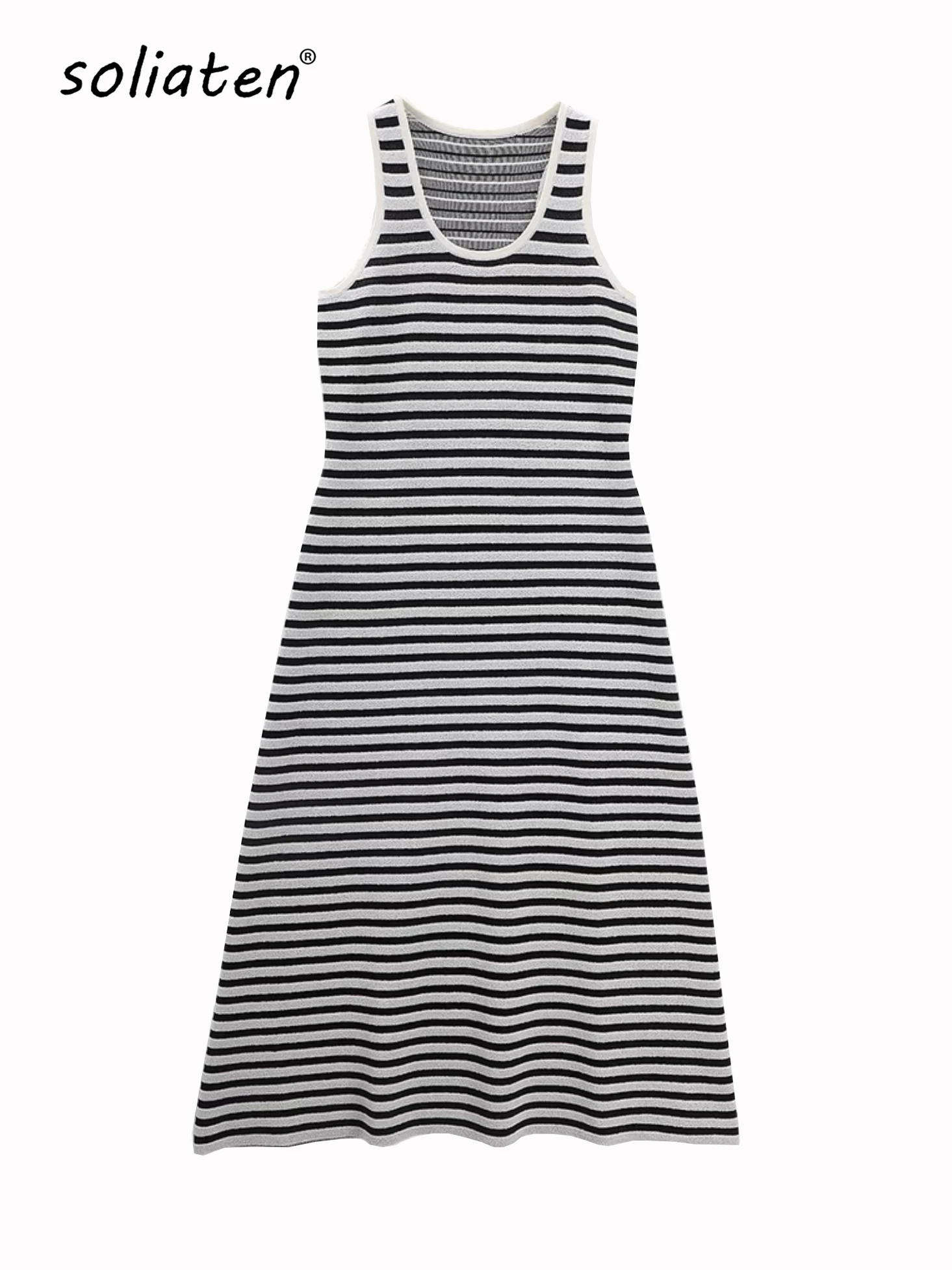 2024 Summer Women Fashion O Neck Black White Stripes Vest Knitting Dress Female High Quality Sleeveless Maxi Long Dress C-074