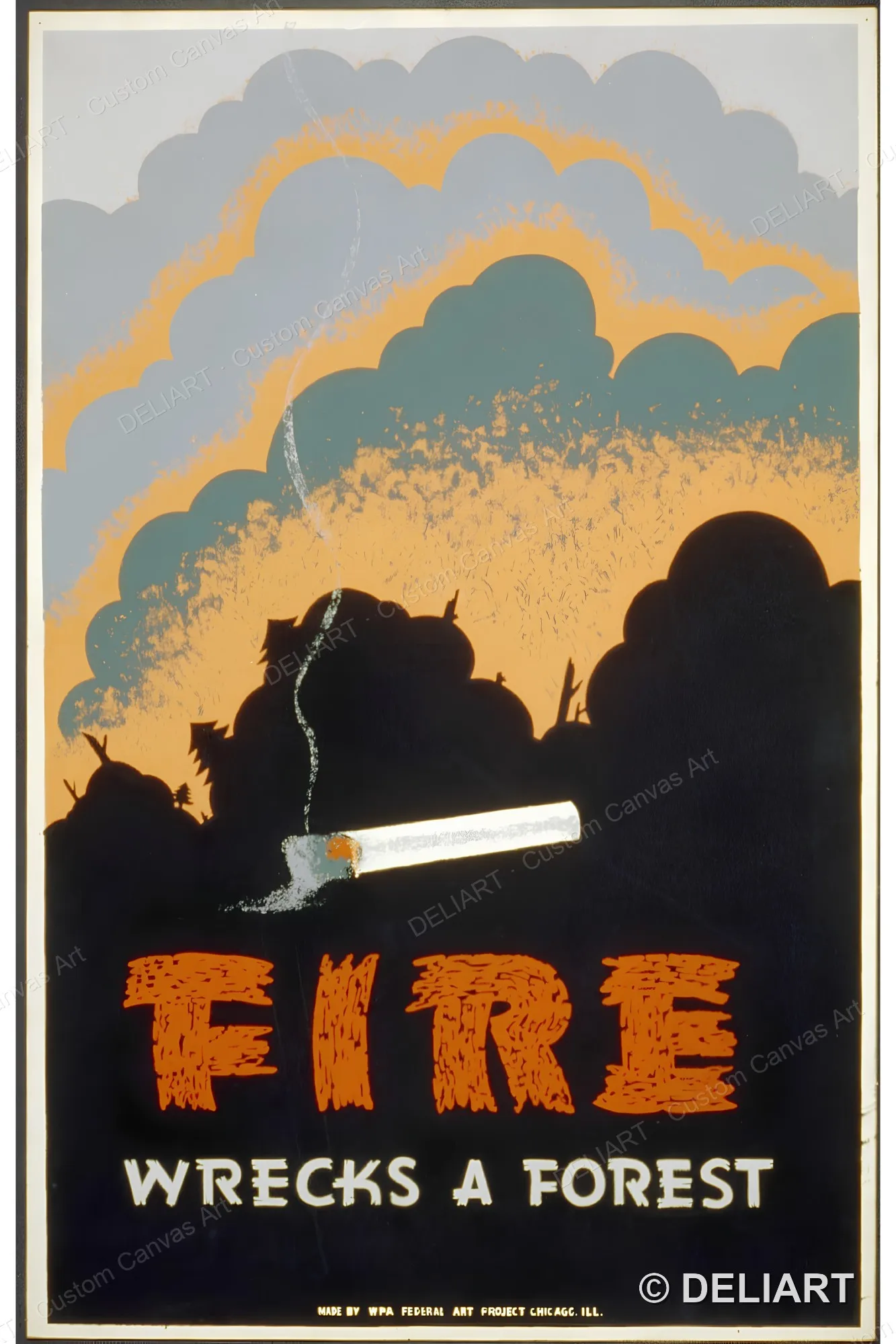 Fire wrecks a forest Vintage WPA Canvas Wall Art Poster Print Retro 1930s Federal Art Project Home Decor Unframed