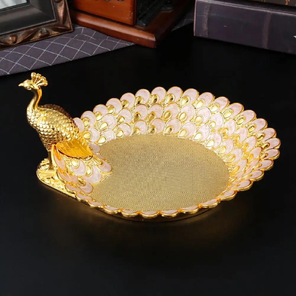 Decorative Metal Fruit Bowl Peacock Style Serving Tray Modern Candy Plate Organizer For Home Living Room Kitchen