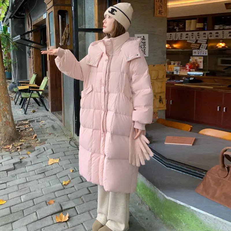 

Pink Hooded Duck down Jacket Women's Winter New Korean Style Mid-Length Over-Knee Warmth Casual Straight-Streamlined Coat