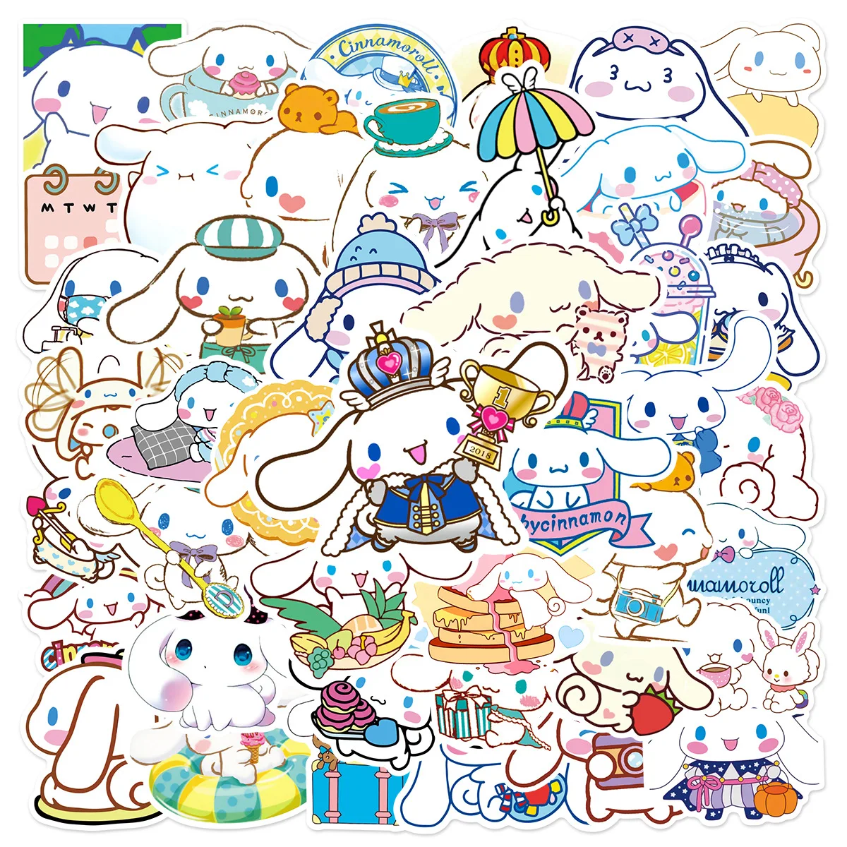 Pegatinas de dibujos animados de Anime Cinnamoroll, calcomanías decorativas para teléfono, equipaje, nevera, coche, monopatín, Kawaii, Sanrio, 10/50