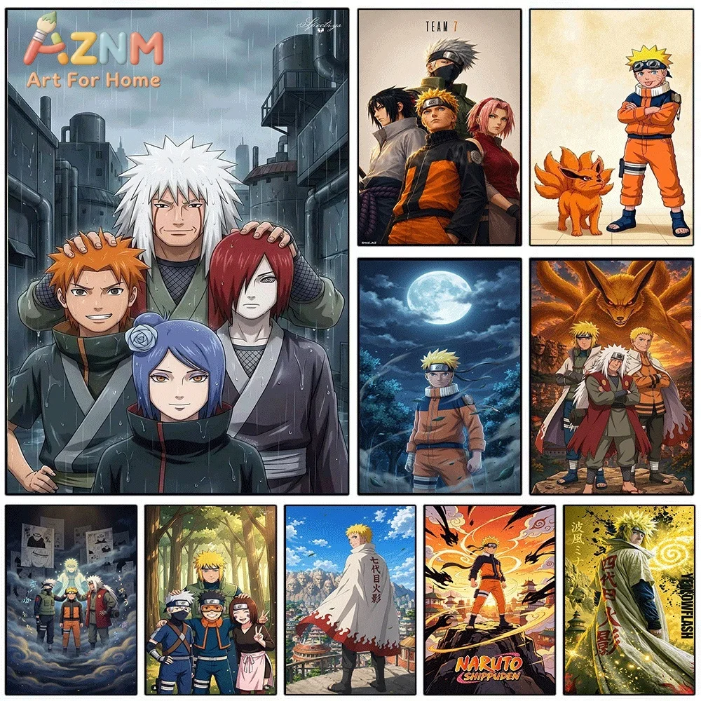 Naruto Anime Canvas Wall Art, Jiraiya Team 7 Naruto Minato Konan Nagato Manga Print, Unframed Canvas Painting for Bedroom Livi