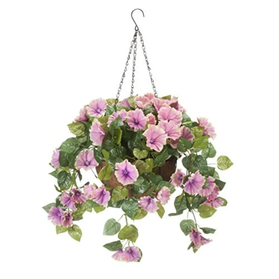 

Indoor/Outdoor hanging basket with polyester/plastic petunias, metal and coco fiber liner, 10 diameter × 18 chain, fully assemb