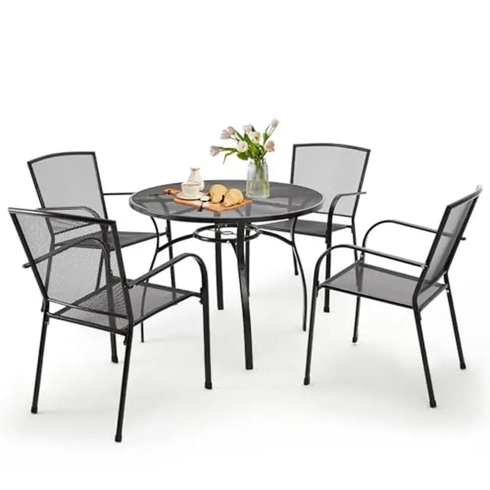 

Metal Patio Dining Set Outdoor Table Chairs Stackable Garden Bistro with Umbrella Hole Easy Assembly 4 Chair Set Dark Gray 37.2"