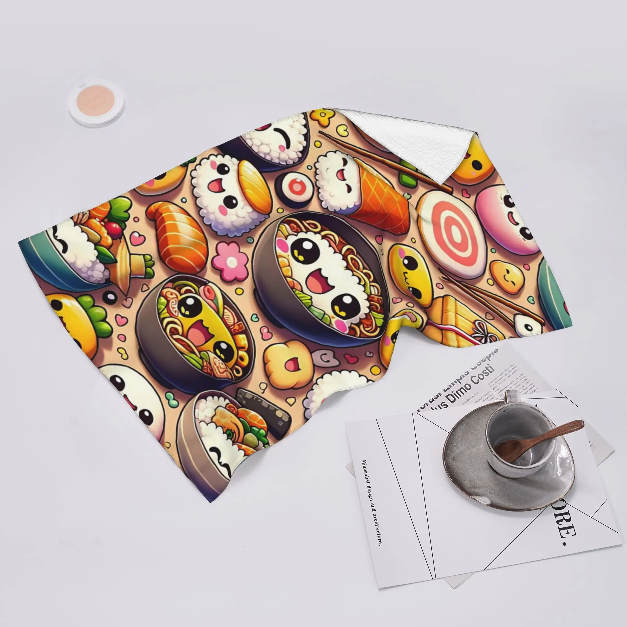Custom Kawaii Cuisine Adorable Anime Food Fiesta Soft Face Towel Quick Dry Pool Bath Cotton Towels Absorbent Quick