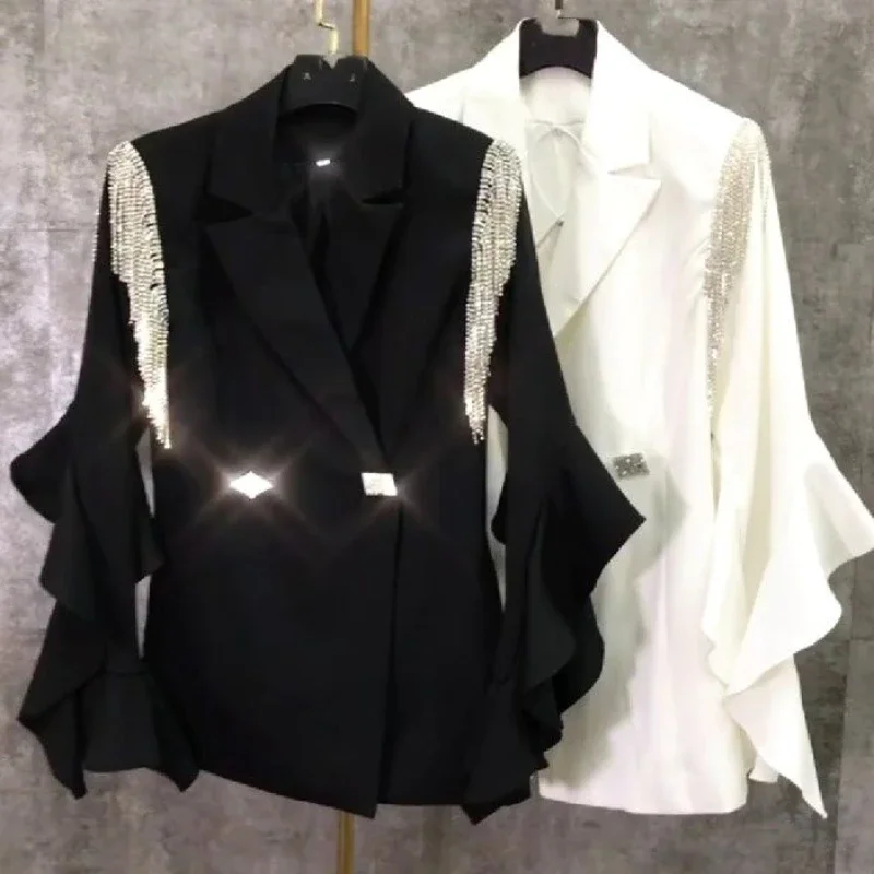 Peri pırıltılı sondaj püsküller Blazers Diamonds düğmeler Mini OL saçaklı takım elbise ceket sonbahar bahar Flare Ruffles kollu hırka