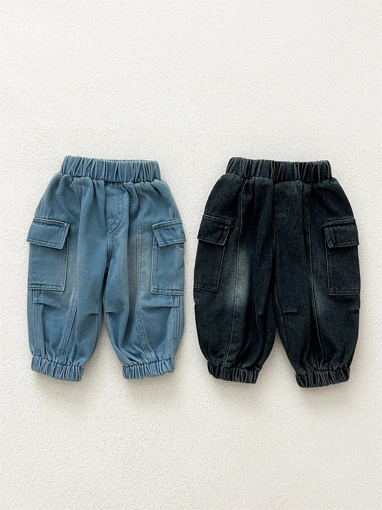 2025 Spring New Children Denim Trousers Boys Loose Cargo Pants Solid Girls Pocket Casual Pants Kids Versatile Jeans Baby Clothes