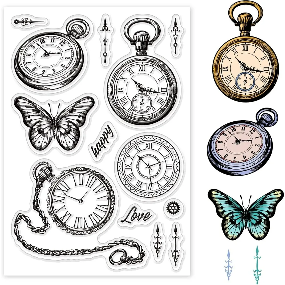 Vintage Clock Silicone Clear Stamp Pocket Watch Transparent Silicone Stamp Butterfly Rubber Stamp for Scrapbook Journal Card