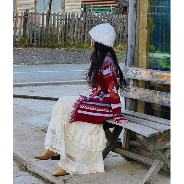 여행용 민족풍 여성 니트 스웨터 코트 레이스 스커트 롱 스웨트 루즈핏 스트리트 스타일 가을 봄 벨벳