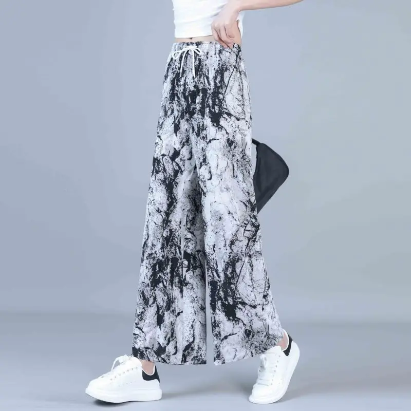 

Women Summer Thin Fashion Printing Loose High Waist Ice Shreds Wide Leg Women Clothes Casual All-match Appear Thin Trousers