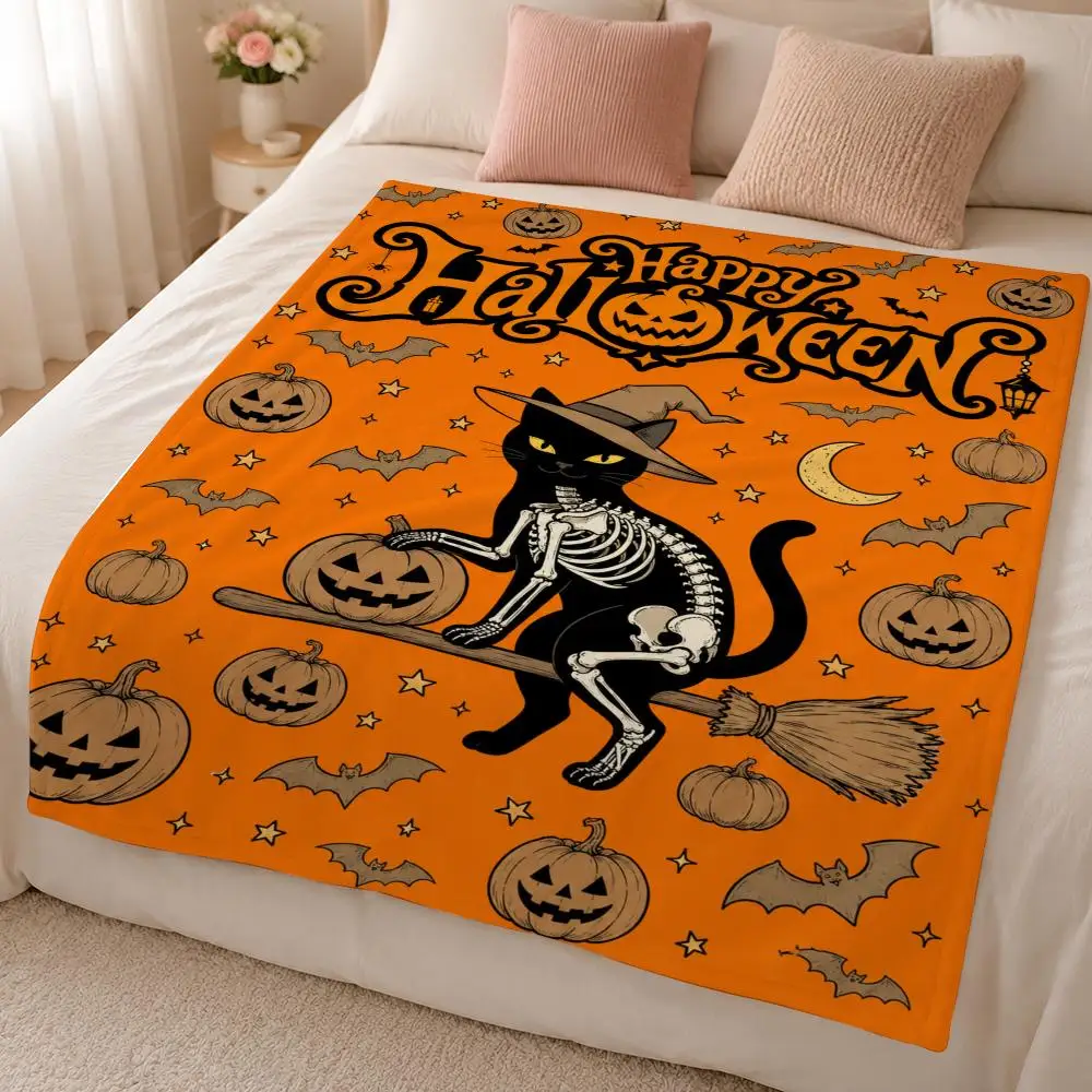 Cute little skeleton Witch's broom Halloween pumpkin Throw 320g Soft Flannel Fleece Throw Blanket Cover Sofa Bed Dorm Nap Gift