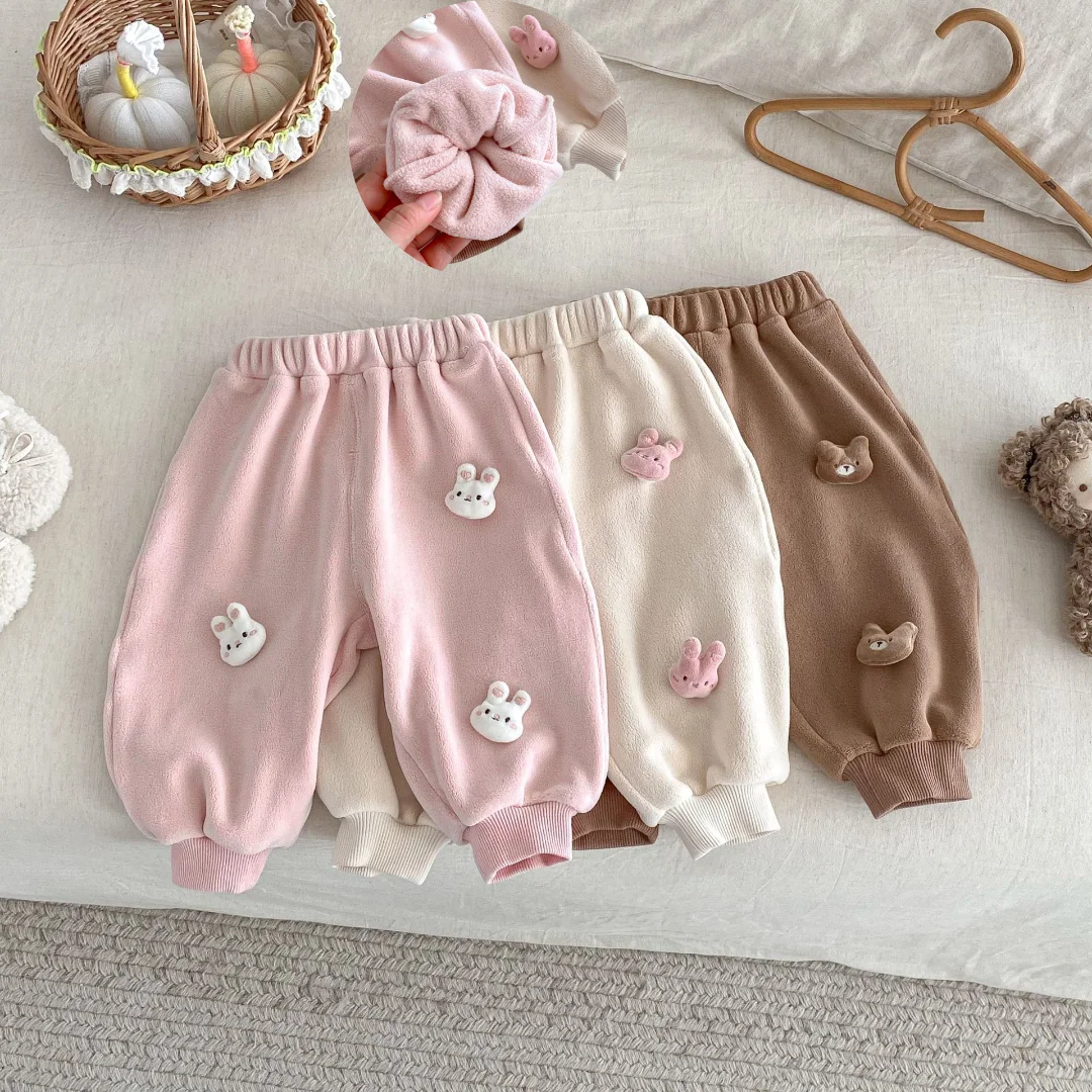 

2025 Winter 0-5Y Kids Girl Clothes Thickened Fleece Pants Korean New Cartoon Doll Decor Warm Casual Joggers Soft Plush Trousers
