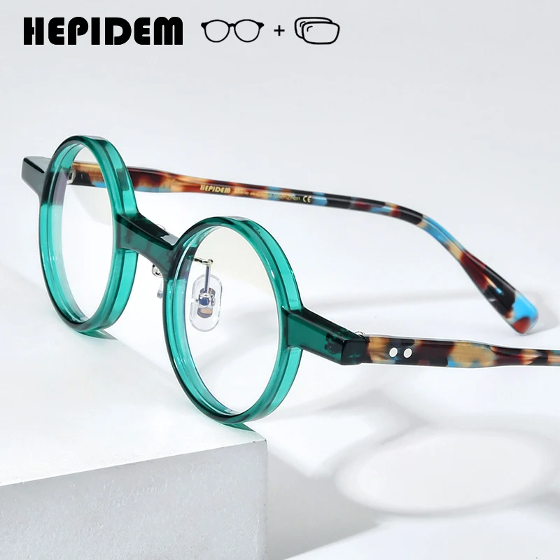 HEPIDEM Progressive Prescription Acetate Eyeglasses Custom Anti Blue Myopia Optical Lens Eyewear Men Women Small Round Glasses