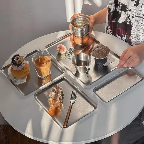 Ins Korean Plateins, Stainless Steel Rectangular Plate Cafe Cake Dessert Plate Storage Trays,Home Kitchen Storage Table Dish