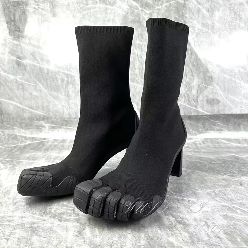 Frauen Rose rot fünf Finger Stiefel schwarz hohlen Absatz weiß Leder Reiß verschluss Knöchel Tabi Mode Herbst Socken Stiefeletten sportliche Winters