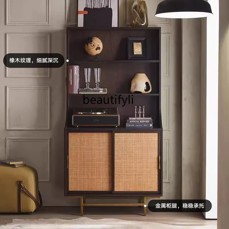 

Modern medieval retro old solid wood oak rattan bookcase Nordic simple storage display cabinet