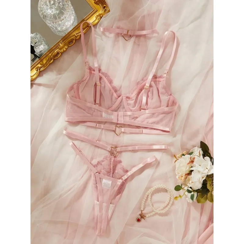 Fancy Women's Lingerie French Pink Underwear Delicate Floral Embroidery Lace Bra Erotic Sets Romantic Valentine Fantasy Outfit