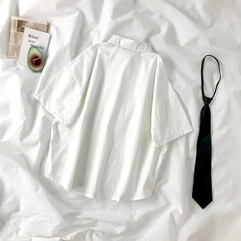 White Shirt Women Blusas Short Sleeve Lapel Blouse with Tie Japanese Fashion Student Summer Daily College Style Top