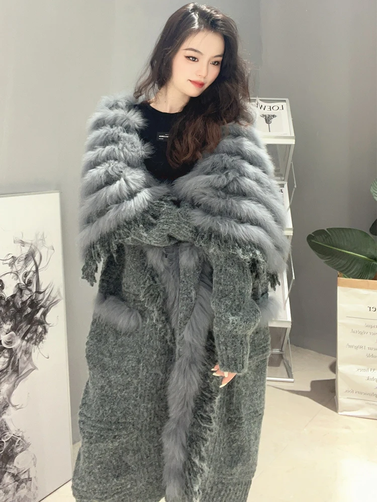 ZDFURS*2022 Women Real Fox Fur Knitting OverSize Coat Autumn Fox Fur Decoration Lady\'s Fashion Long Sweater Fashion Length 110cm