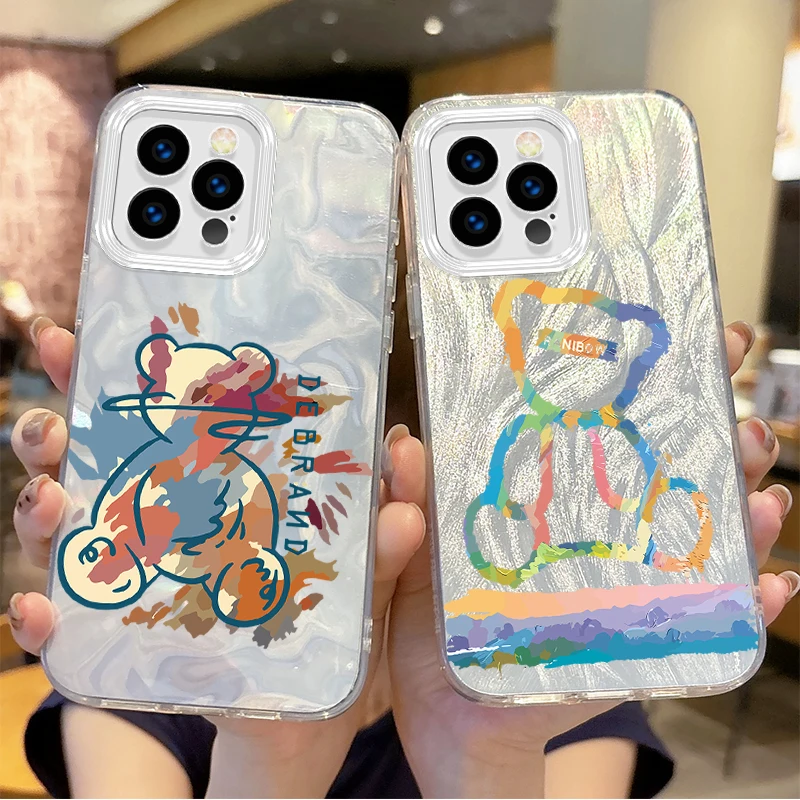 New Colorful Graffiti Teddy Bear Gradient For iPhone 16 Pro Max Case 15 14 13 12 11 8 7 Pro Max Plus XS XR Hard Shockproof Cover