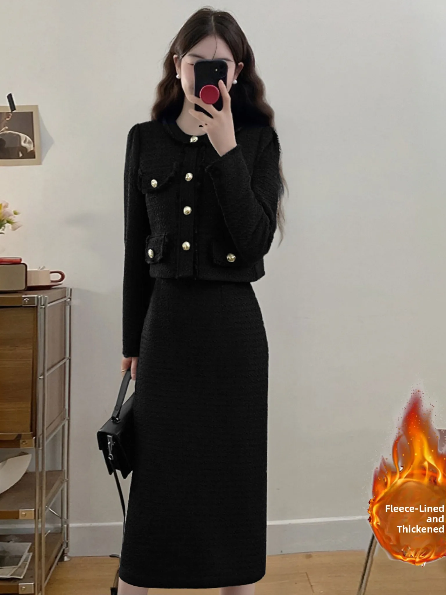 

Thiened Cotton Winter Faion Set Women's Mid-Length Korean Drama Sle DM096A Ensemble Polyester Fiber Long Sve round ...