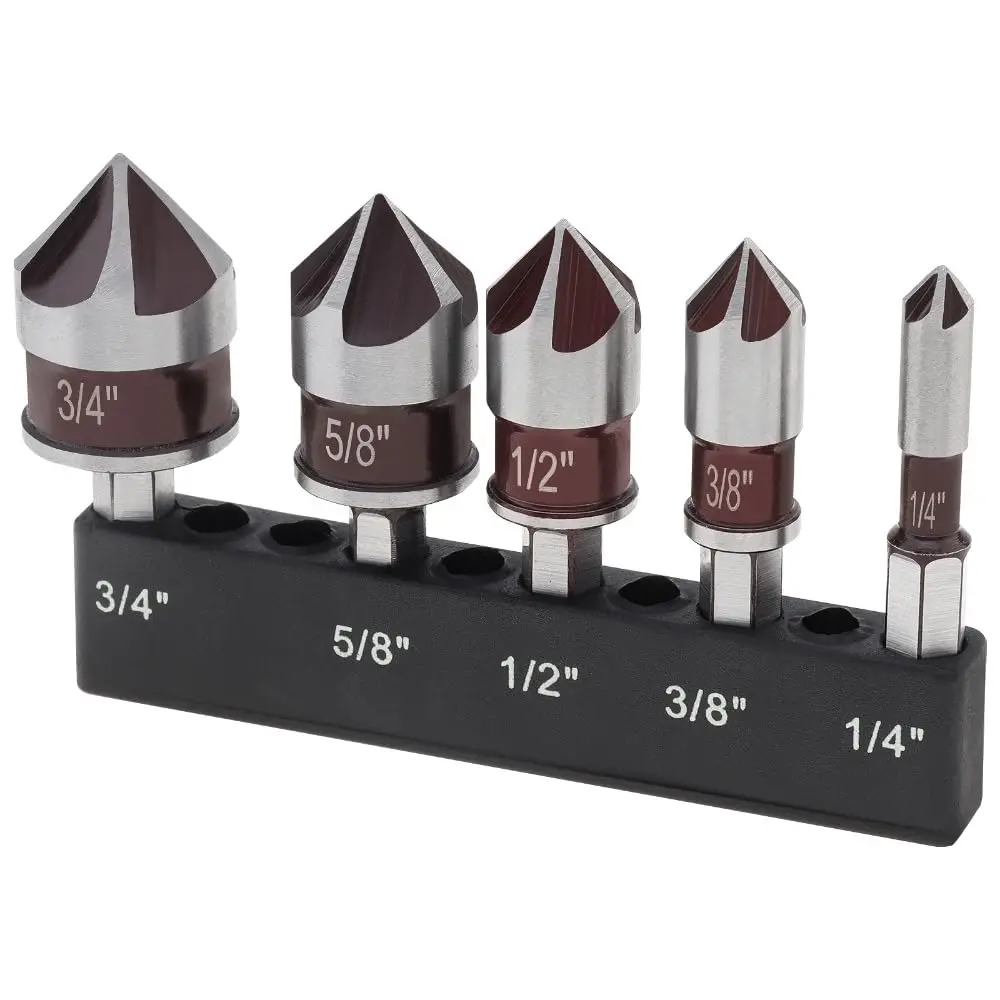 

5PCS HSS Countersink Drill Bit Set, 82-Degree 5 Flutes, Quick-Change Hex Shank for Wood Metal Plastic