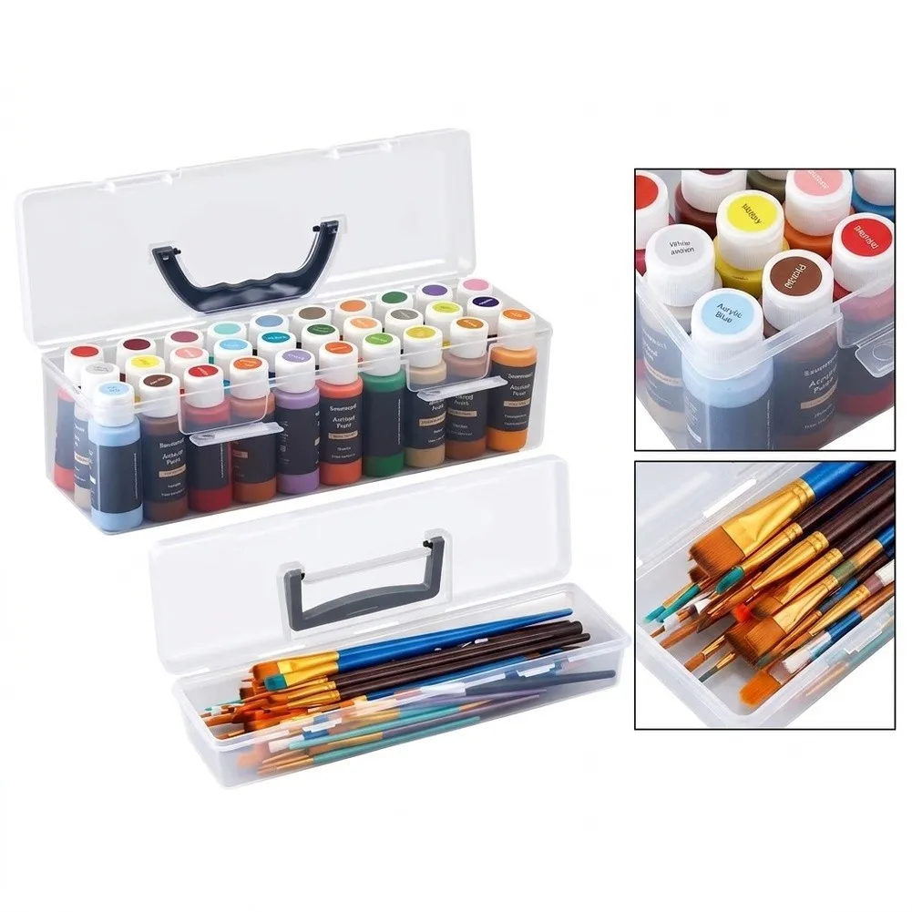 Artist Storage for System: Clear Box for 30 Bottles of For 2 fl oz + Brush Holder 14x4.13x4.7For 2 in Ergonomic Handle