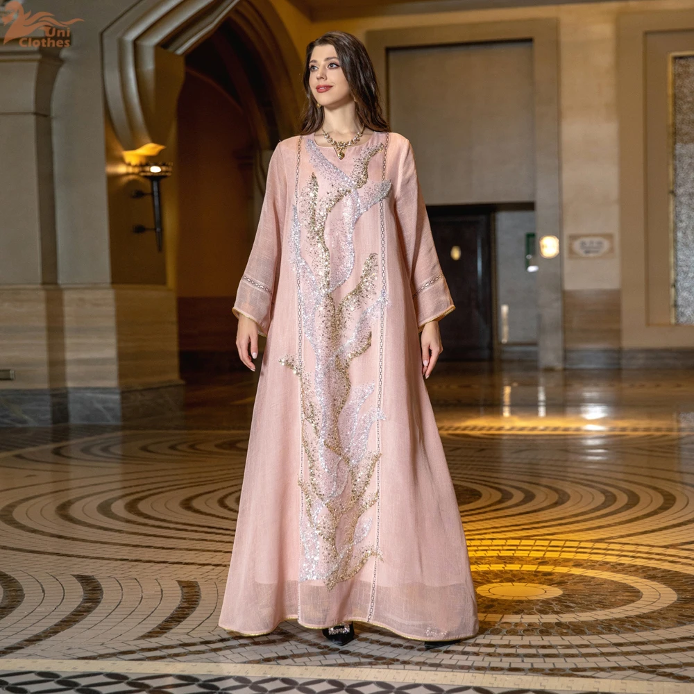 Uni Abaya Dubai فستان سهرة فاخر للنساء للحفلات الراقصة متواضع موضة شبكية ترتر مطرز جديد في فساتين 2025