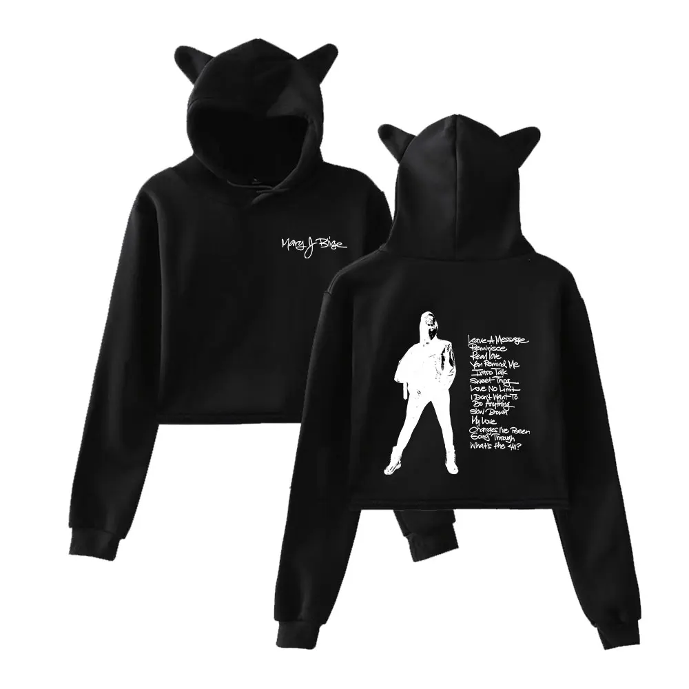 Mary J. Blige 2025 Merch moletom com capuz para meninas pulôver curto com orelha de gato roupas casuais