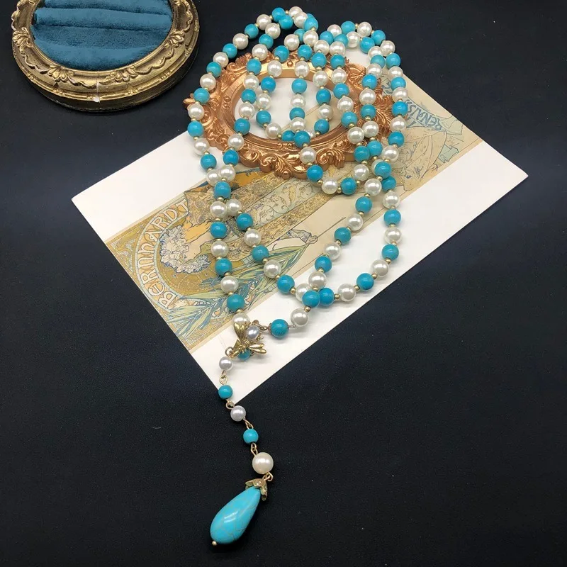 

Classic Design Turquoise Pearl Handmade Beaded Long Necklace Temperament Versatile Little Bee Buckle Sweater Chain