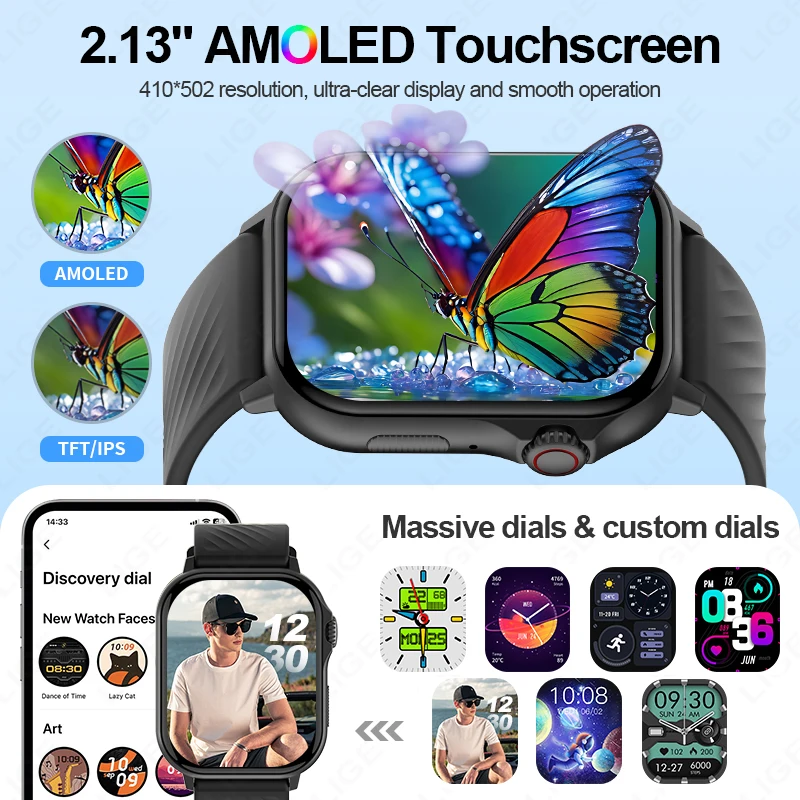 LIGE nuevo reloj inteligente GPS para hombres 2,13 "AMOLED pantalla completamente táctil al aire libre 1ATM reloj deportivo resistente al agua Bluetooth llamada Smartwatch mujeres