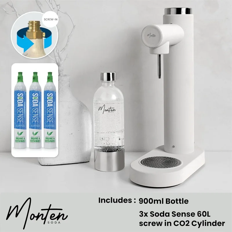 Matte White Sparkling Water Maker - Includes 3 x 60L Soda Sense CO2 Cylinder & Reusable 900ML PET Bottle