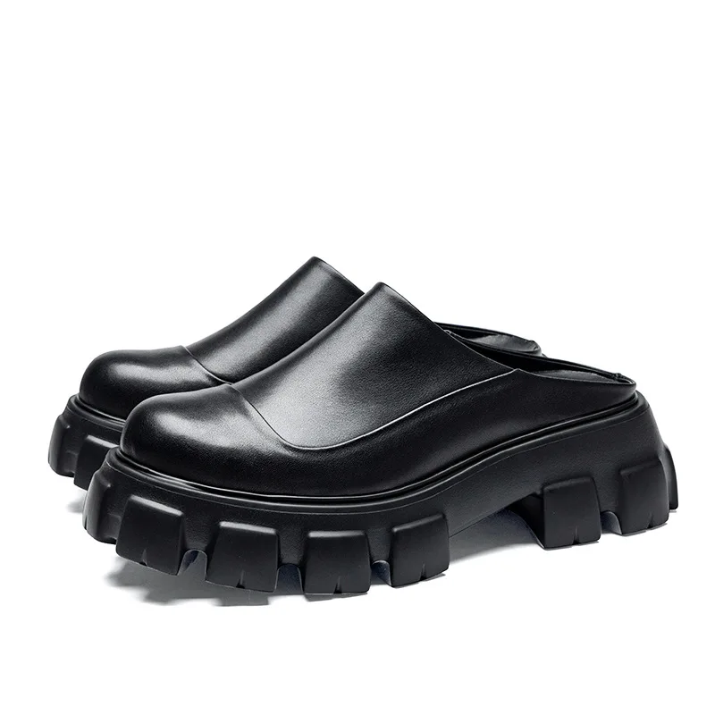 Men's Black Closed-Toe Backless Mules Chunky Lug-Sole Platform Thick-Sole Leather Slippers Men