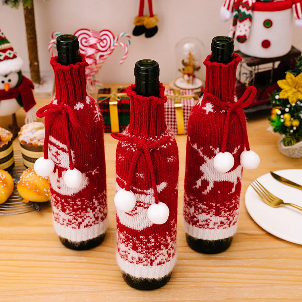 

3Pcs Knitted Wine Bottle Covers Decorative Christmas Wine Bottle Clothes Dress Party Holiday Table Decor Reusable Xmas