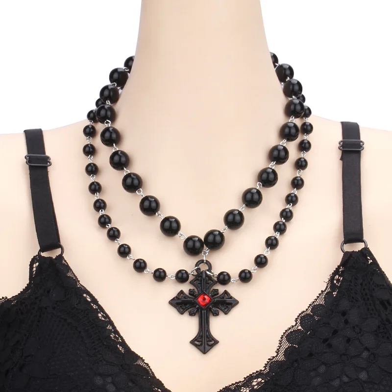 Gothic Style Bead Cross Necklace Niche Spicy Girl Dark Necklace Black Pearl Collarbone Chain Halloween Gift Kawaii Room Decor