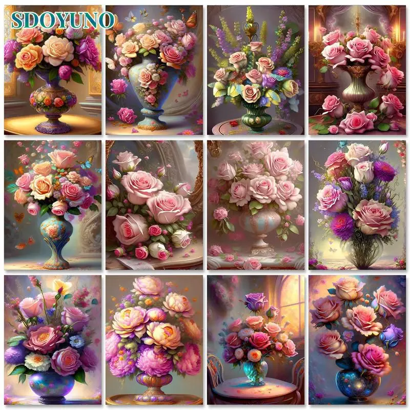 

SDOYUNO 60X75cm Oil Painting By Numbers Colorful Flower DIY Paint by numbers Vase On Canvas Home Decor Frameless Digital Paintin