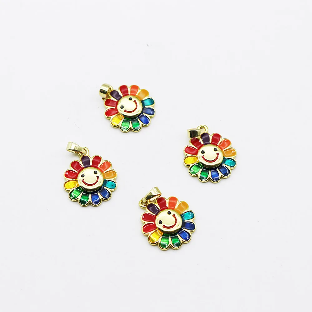 2-Pack Rainbow Smiley Sunflower Pendants DIY Beading Bracelet Necklace Cartoon Drip Oil Jewelry Charms view 3