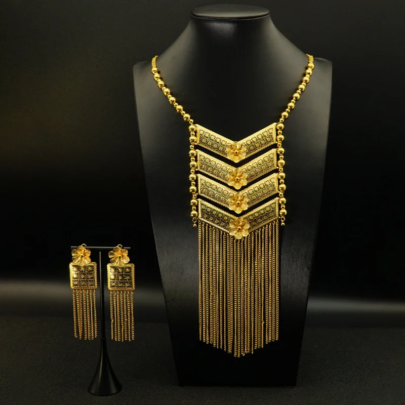 

Dubai Gold Plated Long Necklace Earrings Jewelry Set Middle East African Wedding Bridal Jewelry Accessories Floral