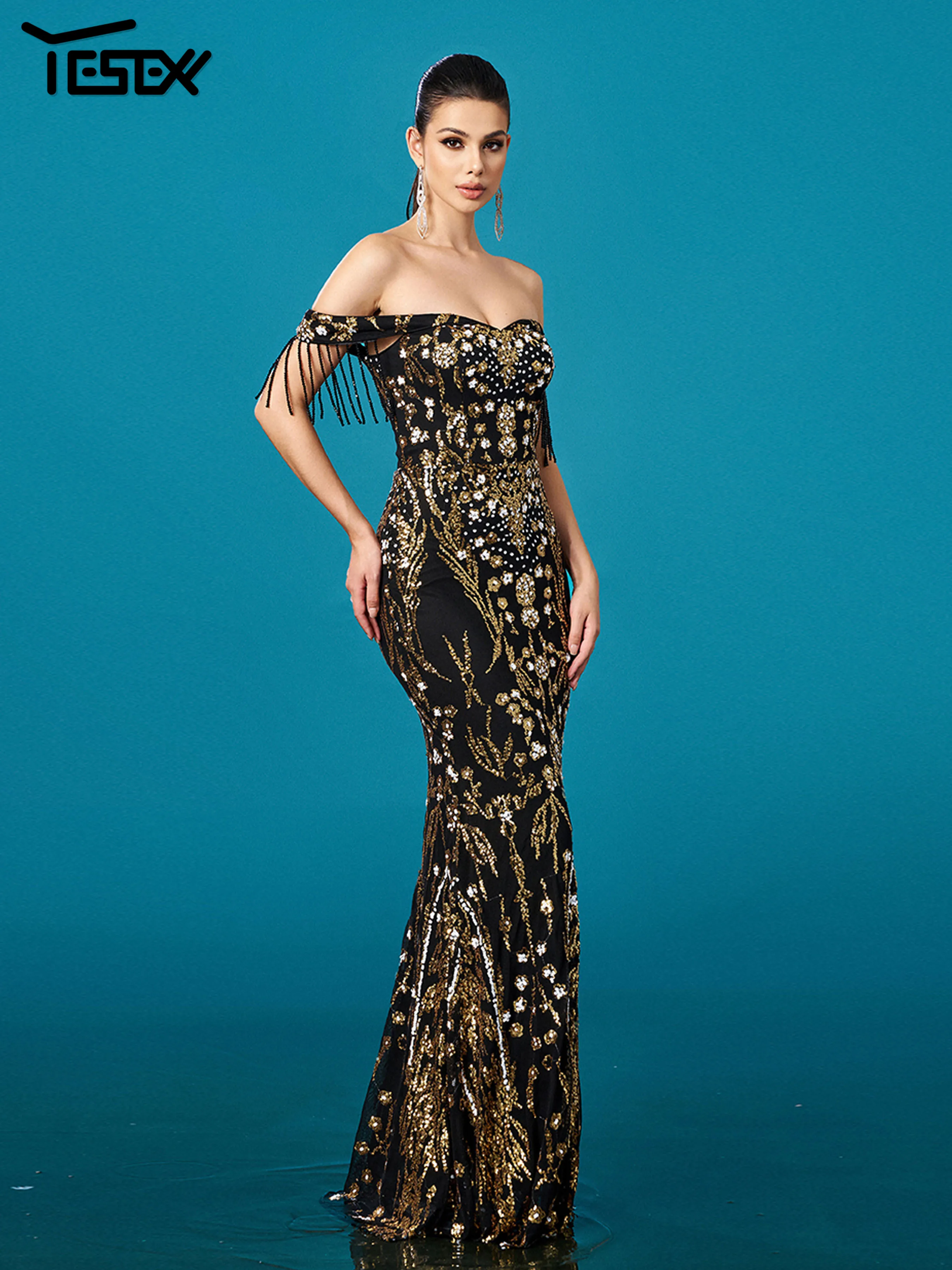 Yesexy-スパンコールの人魚のイブニングドレス,裸の肩,タッセル,地面の長さ,結婚式,誕生日パーティー,フォーマルな機会,マキシカクテル,新しい